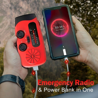 Aethera VoltBeam red multifunction solar emergency radio charging a smartphone, ideal for outdoor use.