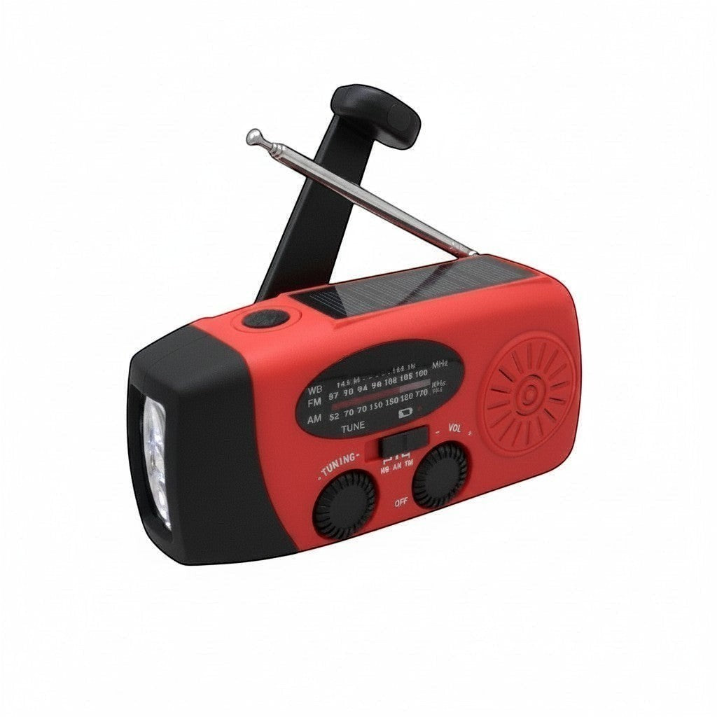 Aethera VoltBeam multifunction solar emergency radio with flashlight, hand crank, and AM/FM/WB bands in red.