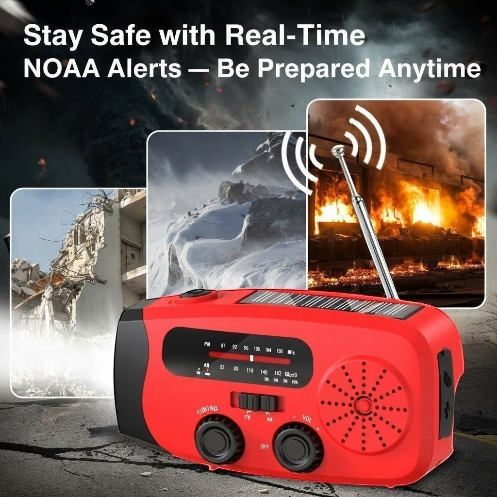 Aethera VoltBeam red multifunction solar emergency radio with AM/FM tuning, volume control, and USB charging port. Features solar panel and extendable antenna.