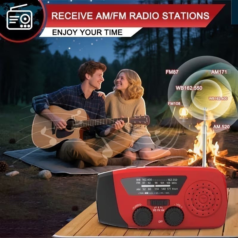 Aethera VoltBeam red multifunction solar emergency radio with AM/FM and weather bands, ideal for camping.