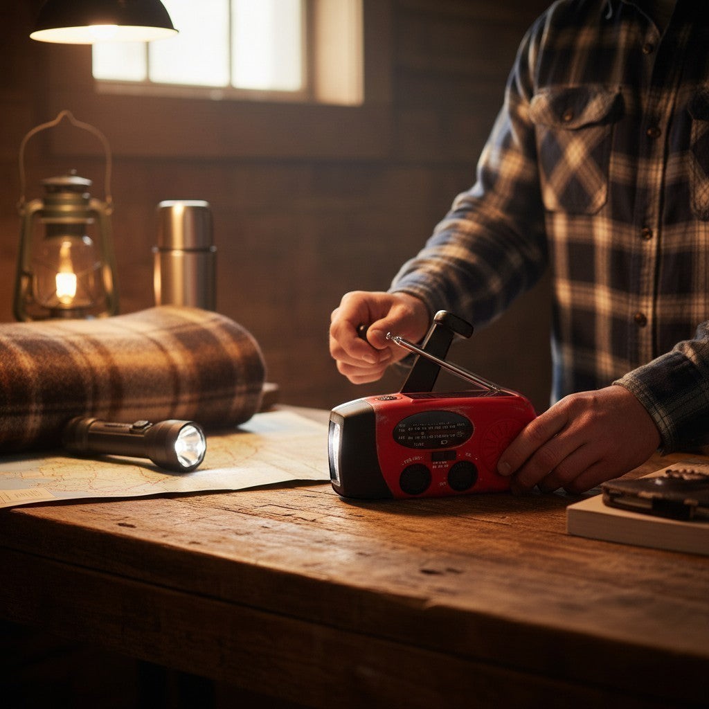 Aethera VoltBeam red multifunction solar emergency radio with flashlight, hand crank, and antenna.