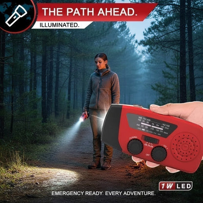 Aethera VoltBeam red multifunction solar emergency radio with flashlight and NOAA weather alerts.