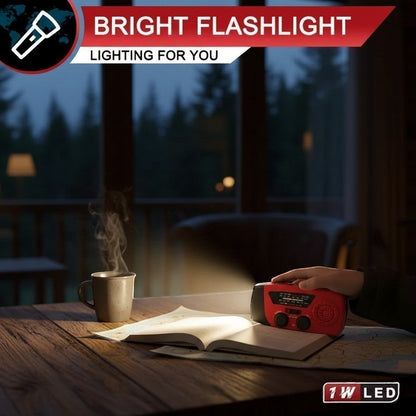 Aethera VoltBeam red multifunction solar emergency radio with flashlight and NOAA weather alerts.