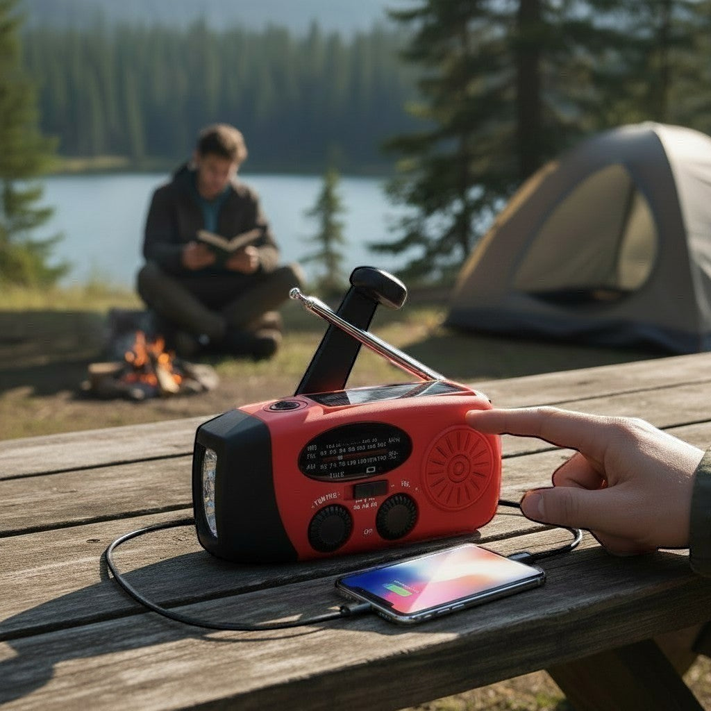 Aethera VoltBeam solar emergency radio in red, with flashlight, antenna, and charging capabilities, on a picnic table.