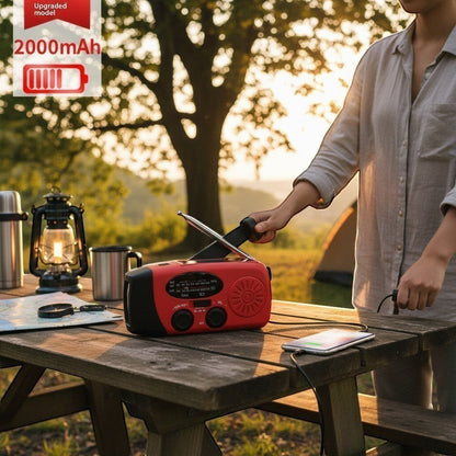 Aethera VoltBeam solar emergency radio in red with flashlight, hand crank, and solar panel. Charges phone.
