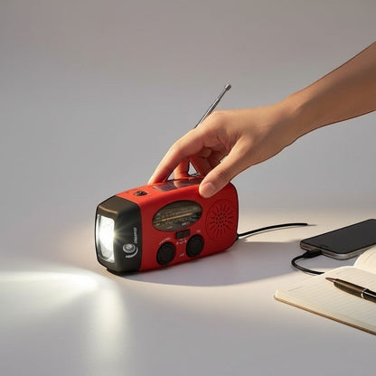 Aethera VoltBeam multifunction solar emergency radio with flashlight, available in red, yellow, orange, blue, dark green, and silver.